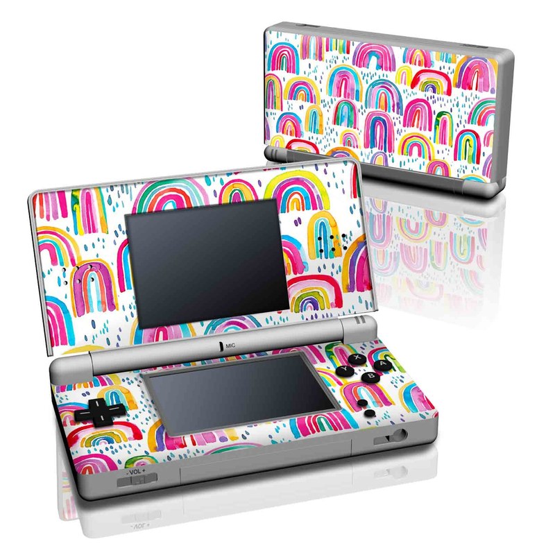 Nintendo DS Lite Skin design of Line, Pattern, Design, with white, orange, yellow, blue, pink, red, green colors