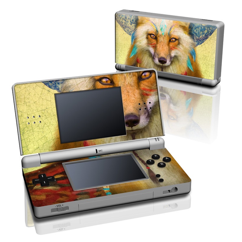 Nintendo DS Lite Skin design of Red fox, Canidae, Fox, Wildlife, Swift fox, Carnivore, Jackal, Fur, Snout, Art, with red, black, gray, green, blue colors