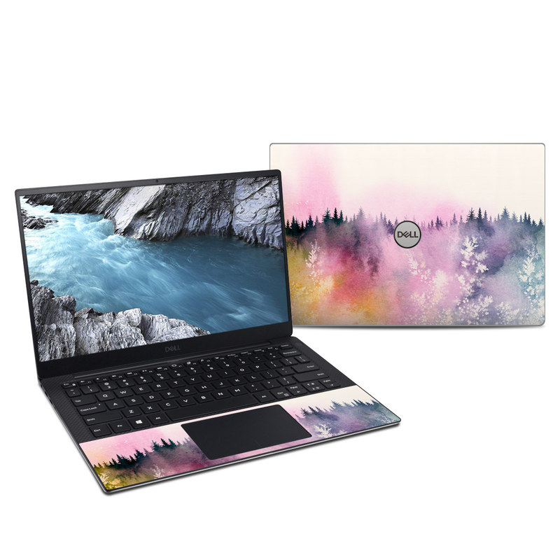 Dell XPS 13 9380 Skin design of Watercolor paint, Sky, Atmospheric phenomenon, Tree, Atmosphere, Cloud, Landscape, Forest, Painting, Illustration with white, yellow, pink, purple, blue, black colors
