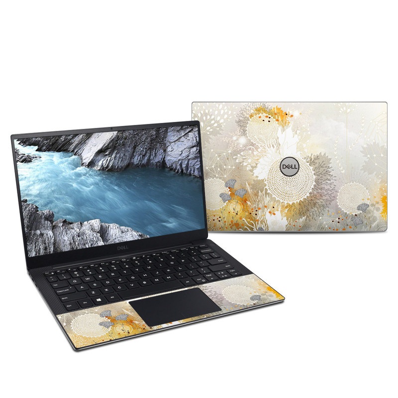 Dell XPS 13 9380 Skin design of Pattern, Floral design, Flower, Plant, Illustration, camomile, Wildflower, Art, with gray, yellow, pink, white, green colors