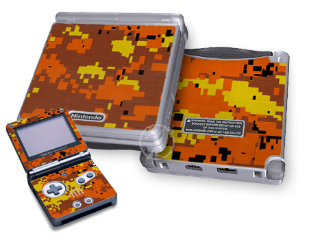 Game Boy Advance SP Skin design of Orange, Yellow, Leaf, Tree, Pattern, Autumn, Plant, Deciduous, with red, green, black colors