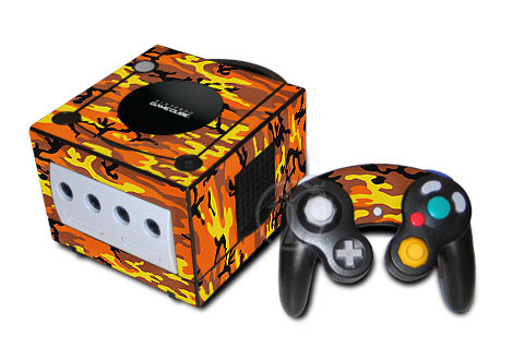 Old GameCube Skin design of Military camouflage, Orange, Pattern, Camouflage, Yellow, Brown, Uniform, Design, Tree, Wildlife, with red, green, black colors