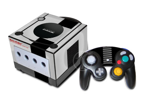 Old GameCube Skin design of Text, Black, Font, Logo, Line, Design, Material property, Pattern, Brand, Technology, with black, gray, red colors
