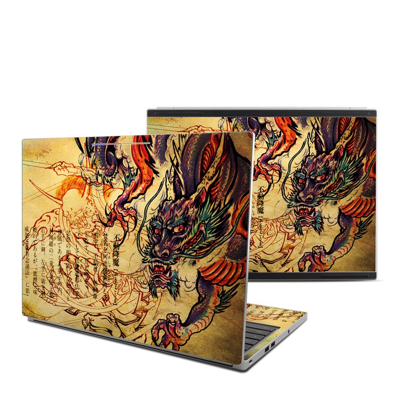 Chromebook Pixel Skin design of Illustration, Fictional character, Art, Demon, Drawing, Visual arts, Dragon, Supernatural creature, Mythical creature, Mythology, with black, green, red, gray, pink, orange colors