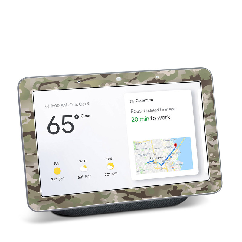 Google Home Hub Skin design of Military camouflage, Camouflage, Pattern, Clothing, Uniform, Design, Military uniform, Bed sheet with gray, green, black, red colors