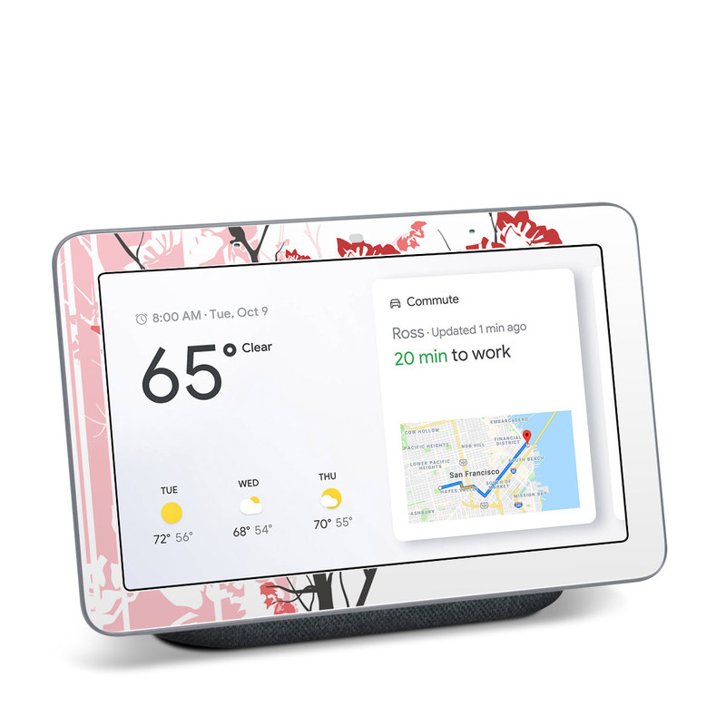Google Home Hub Skin design of Branch, Red, Flower, Plant, Tree, Twig, Blossom, Botany, Pink, Spring with white, pink, gray, red, black colors