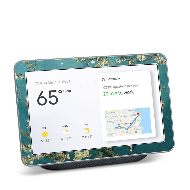 Google Home Hub Skin design of Tree, Branch, Plant, Flower, Blossom, Spring, Woody plant, Perennial plant with blue, black, gray, green colors