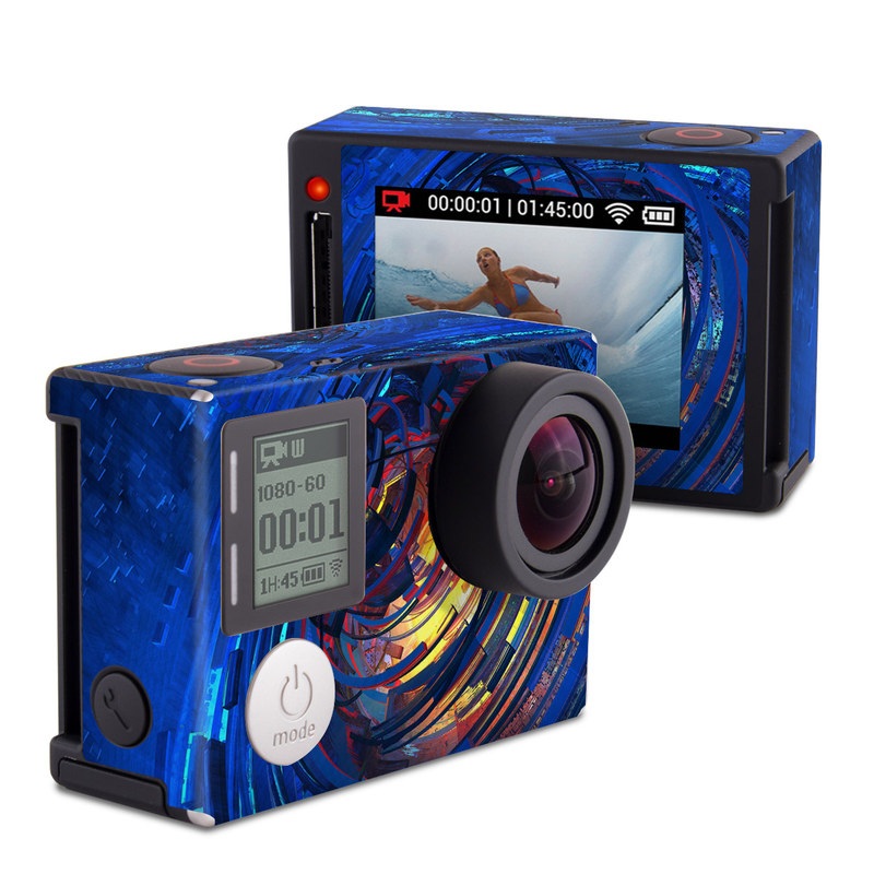 GoPro Hero4 Silver Edition Skin design of Blue, Water, Circle, Vortex, Electric blue, Wave, Liquid, Graphics, Pattern, Colorfulness, with blue, orange, yellow colors
