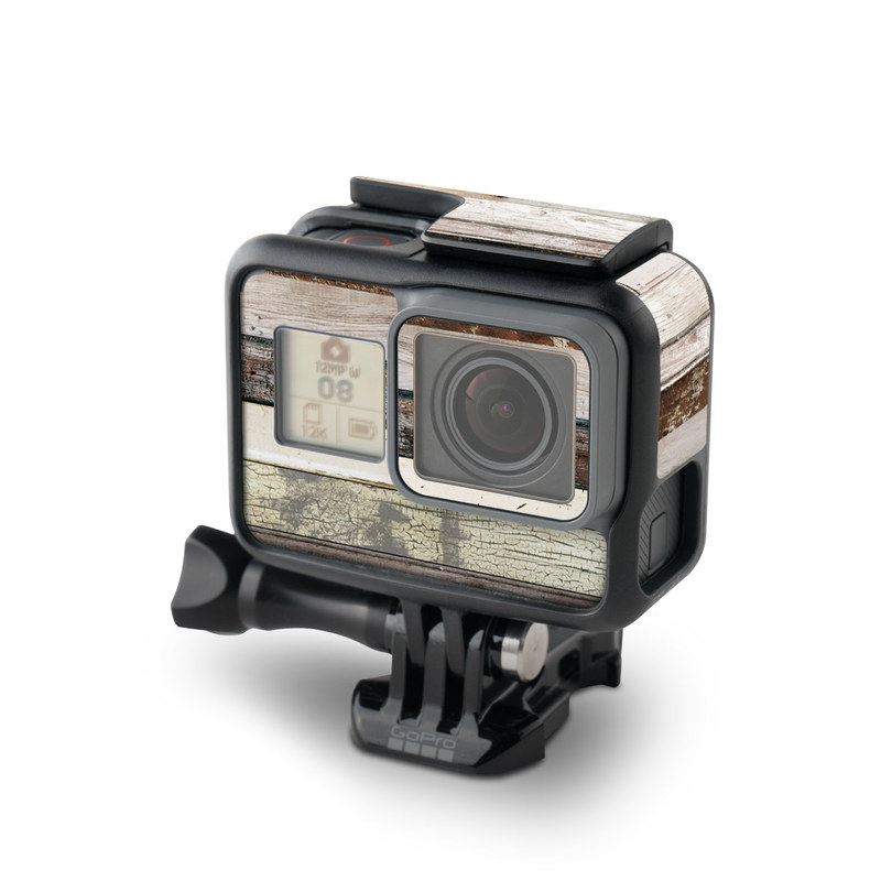 GoPro Hero7 Black Skin design of Wood, Wall, Plank, Line, Lumber, Wood stain, Beige, Parallel, Hardwood, Pattern, with brown, white, gray, yellow colors