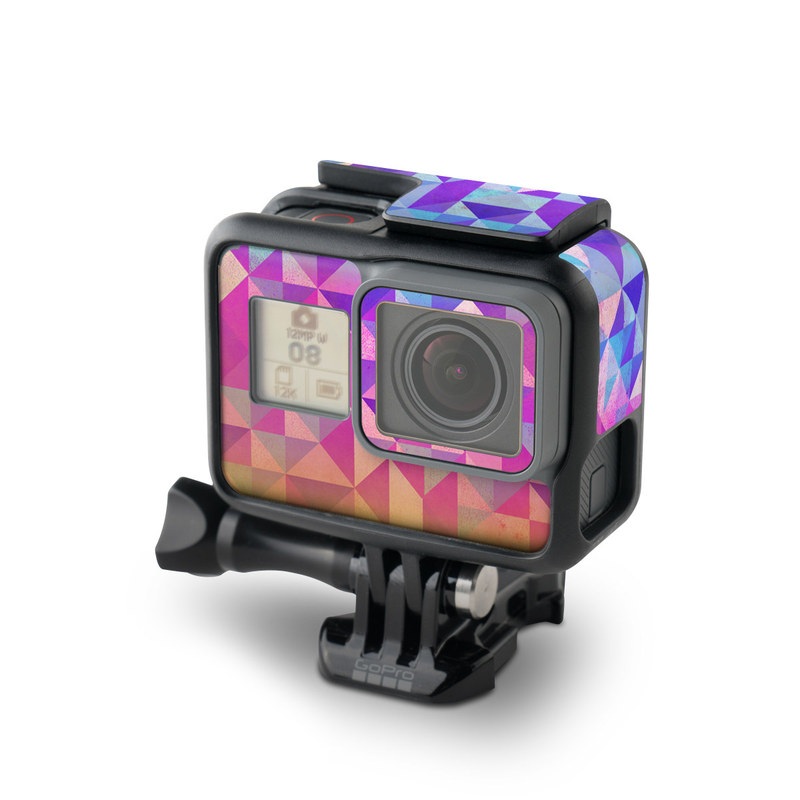 GoPro Hero7 Black Skin design of Pattern, Purple, Triangle, Violet, Magenta, Line, Design, Symmetry, Psychedelic art, with gray, purple, green, blue, pink colors