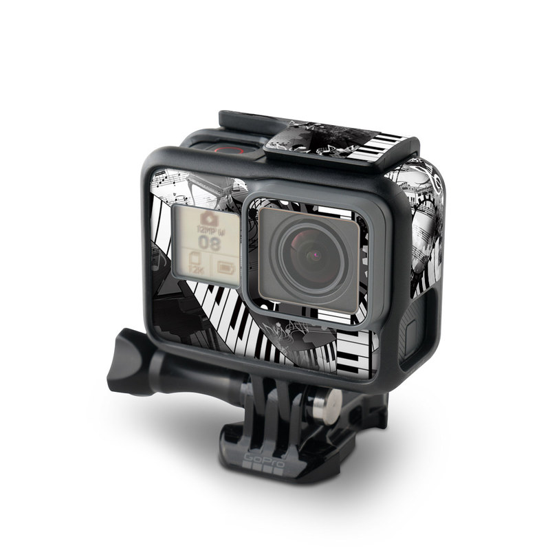 GoPro Hero7 Black Skin design of Music, Monochrome, Black-and-white, Illustration, Graphic design, Musical instrument, Technology, Musical keyboard, Piano, Electronic instrument, with black, gray, white colors