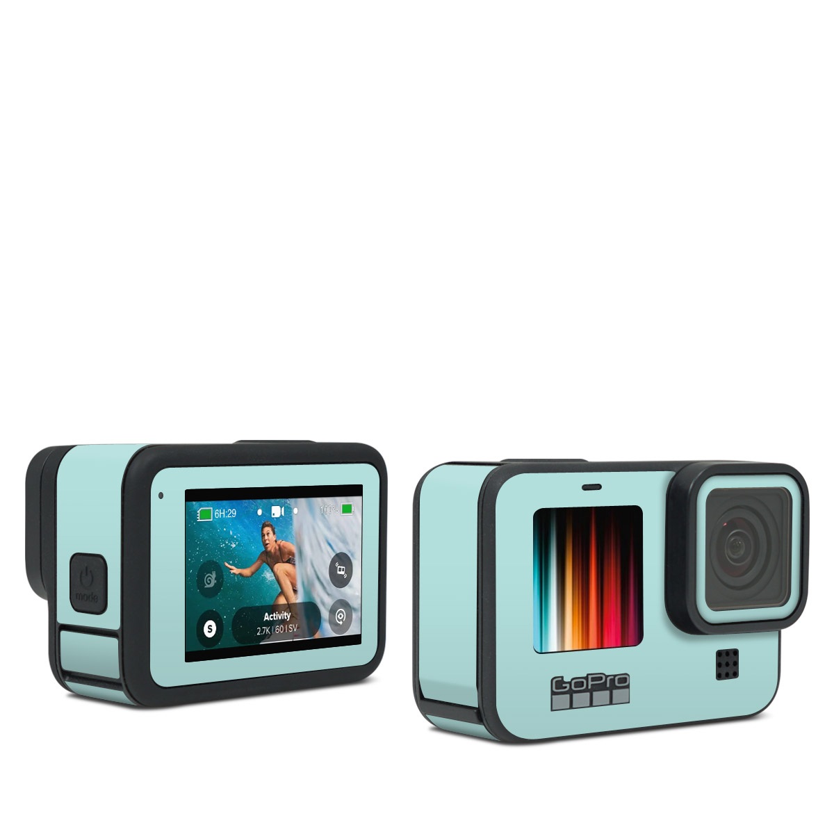 GoPro HERO Black Series Skin design of Green, Blue, Aqua, Turquoise, Teal, Azure, Text, Daytime, Yellow, Sky, with blue colors