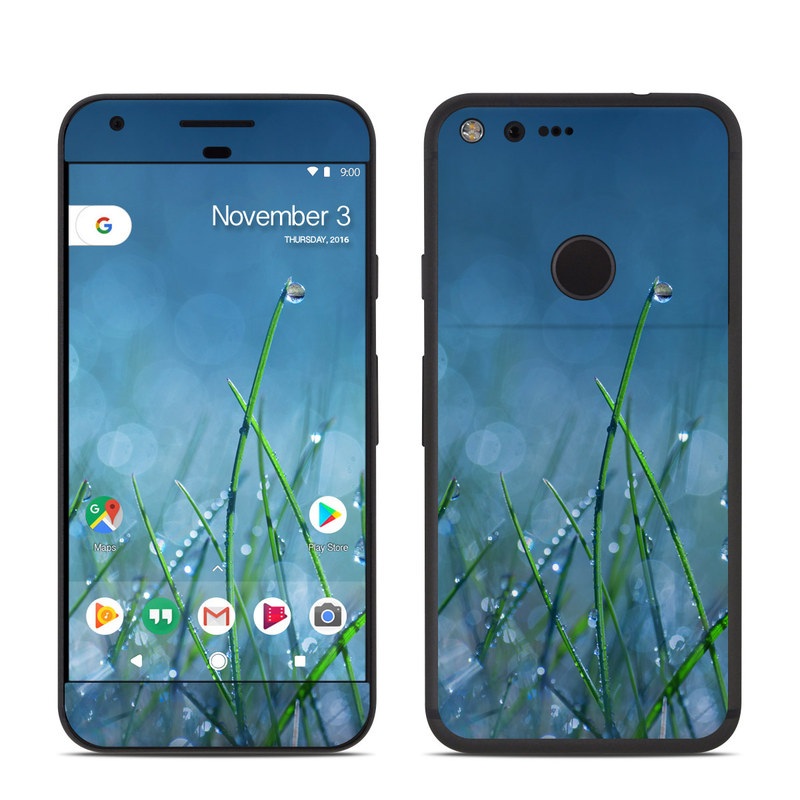 Google Pixel 1 Skin design of Moisture, Dew, Water, Green, Grass, Plant, Drop, Grass family, Macro photography, Close-up, with blue, black, green, gray colors