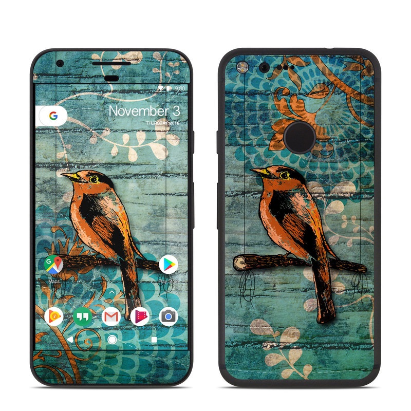 Google Pixel 1 Skin design of Bird, Turquoise, Painting, Art, Coraciiformes, Branch, Beak, Wildlife, Perching bird, Illustration, with black, blue, gray, green, red colors