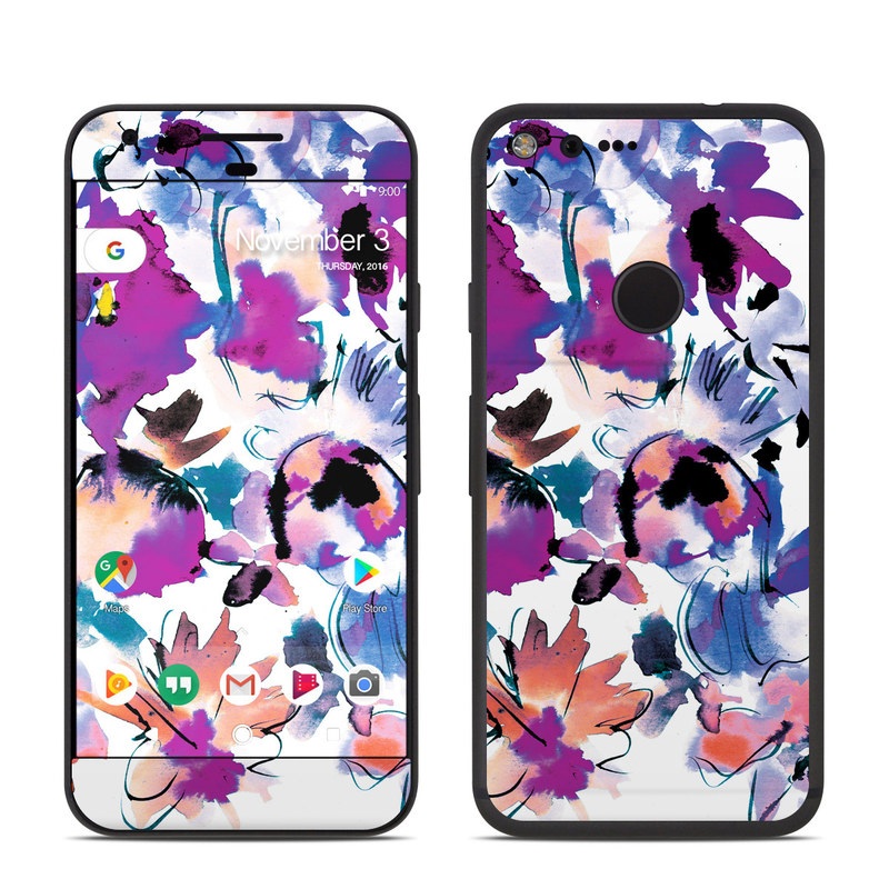 Google Pixel 1 Skin design of Product, Purple, Illustration, Graphic design, Plant, Clip art, Flower, Graphics, Wildflower, Watercolor paint, with white, purple, pink, yellow, blue, black colors