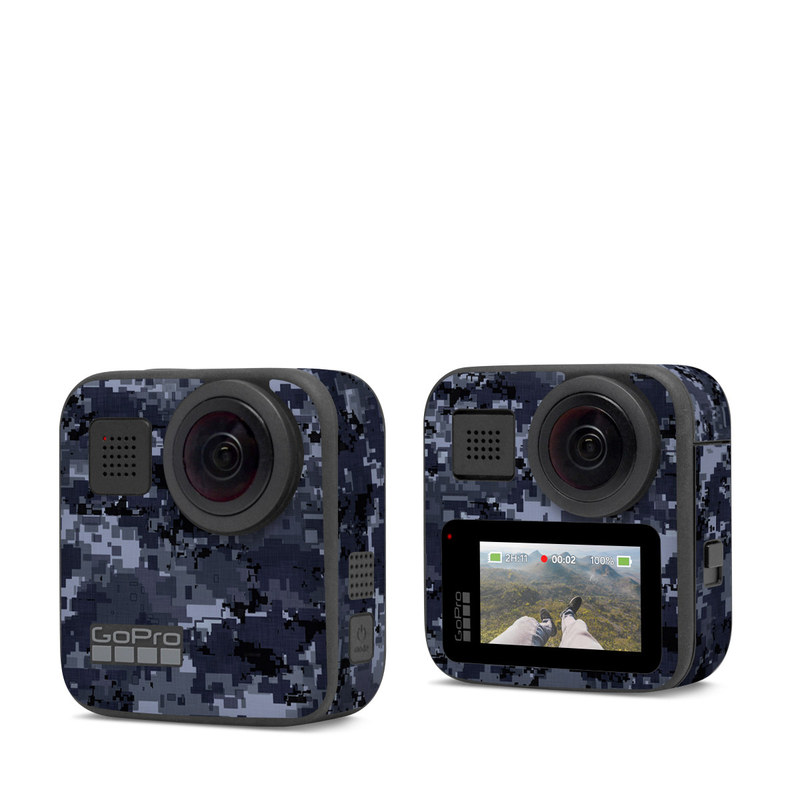 GoPro Max Skin design of Military camouflage, Black, Pattern, Blue, Camouflage, Design, Uniform, Textile, Black-and-white, Space, with black, gray, blue colors