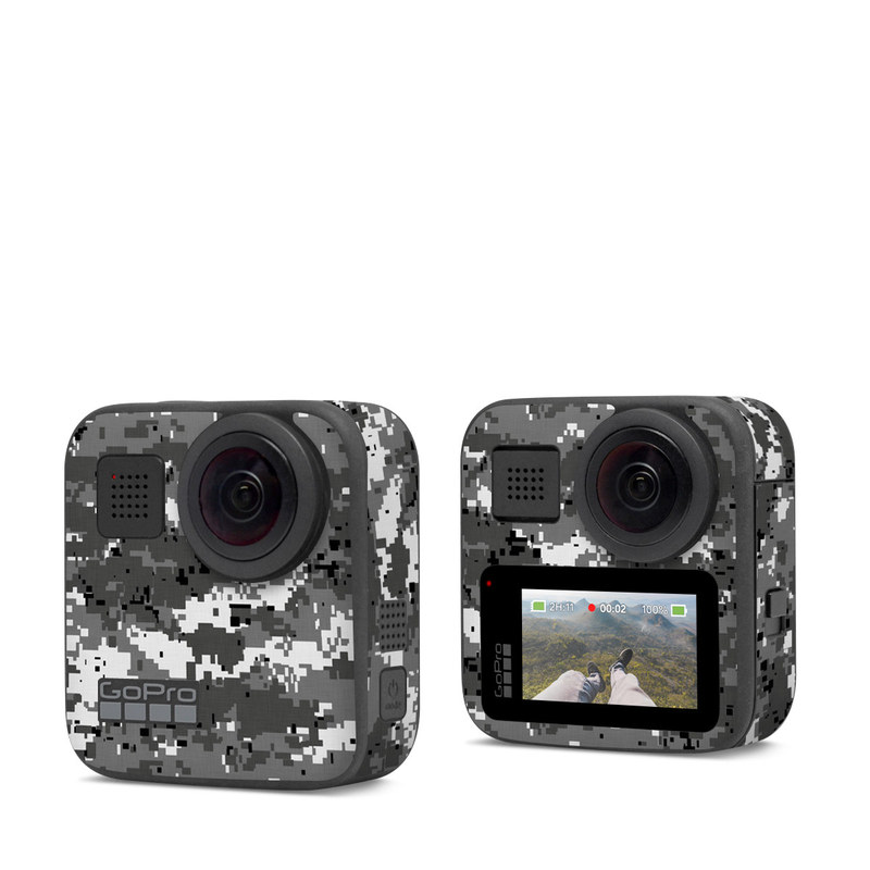 GoPro Max Skin design of Military camouflage, Pattern, Camouflage, Design, Uniform, Metal, Black-and-white, with black, gray colors