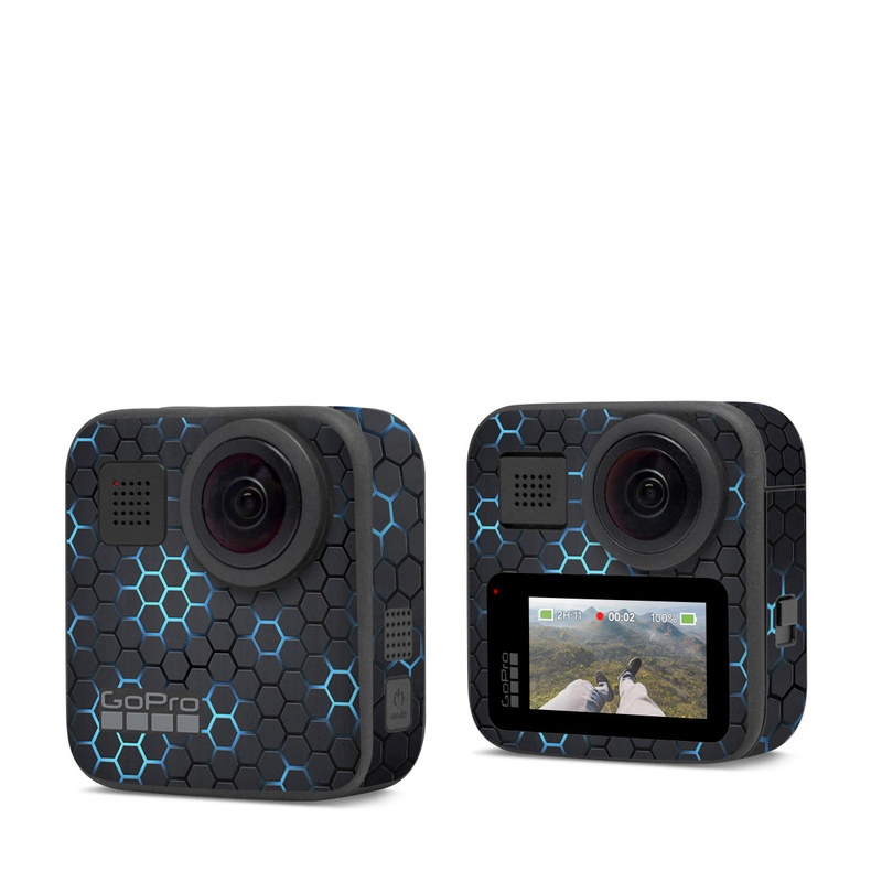 GoPro Max Skin design of Pattern, Water, Design, Circle, Metal, Mesh, Sphere, Symmetry, with black, gray, blue colors