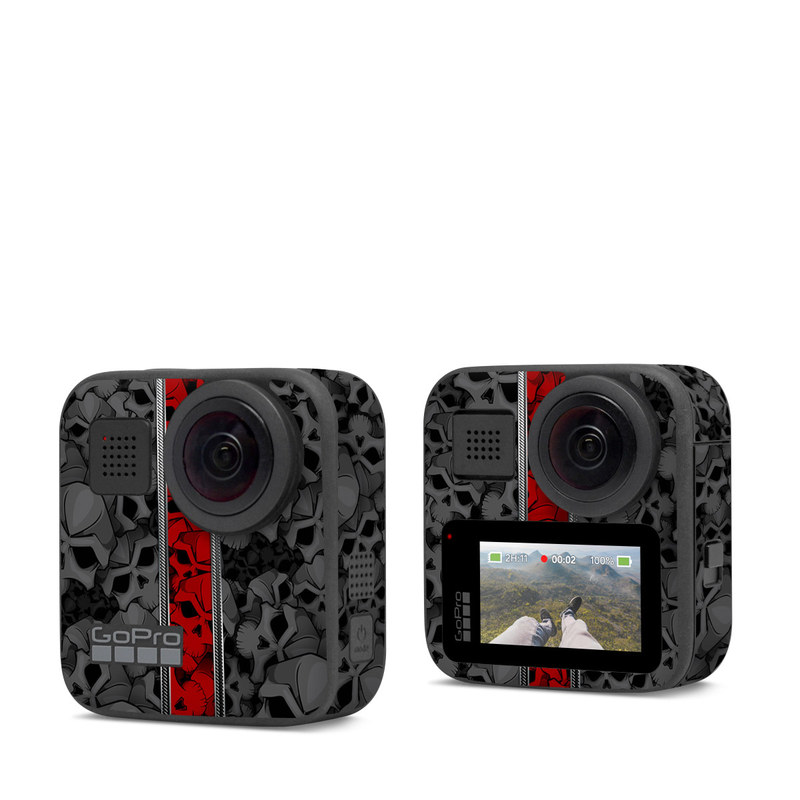 GoPro Max Skin design of Font, Text, Pattern, Design, Graphic design, Black-and-white, Monochrome, Graphics, Illustration, Art, with black, red, gray colors