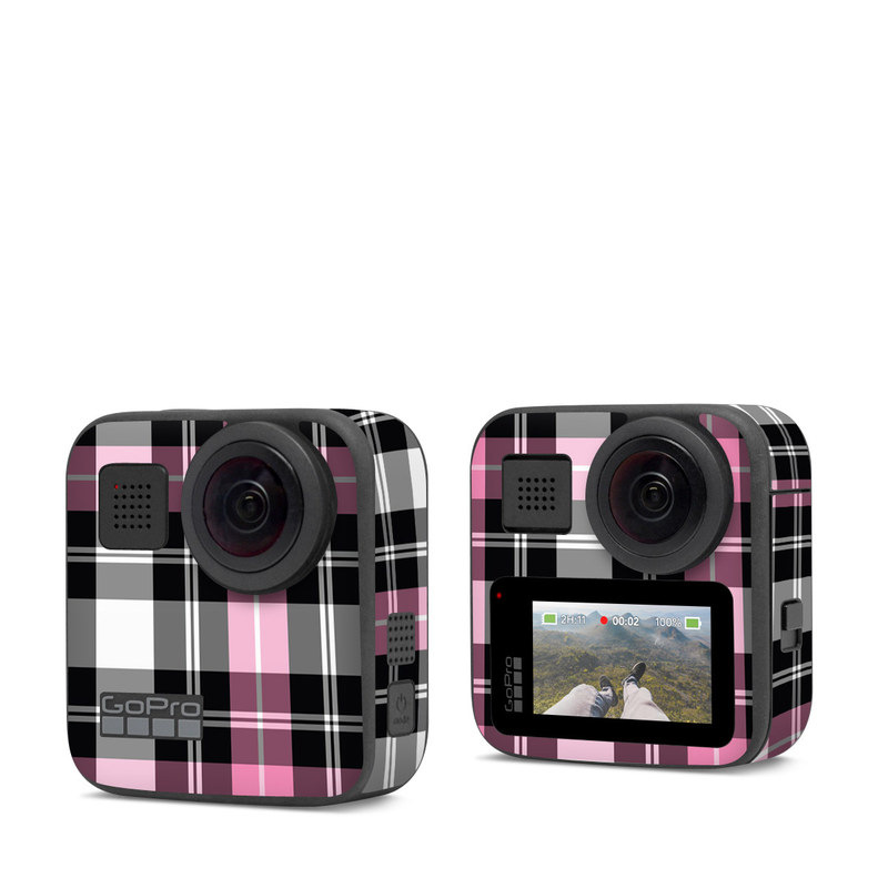 GoPro Max Skin design of Plaid, Tartan, Pattern, Pink, Purple, Violet, Line, Textile, Magenta, Design, with black, gray, pink, red, white, purple colors