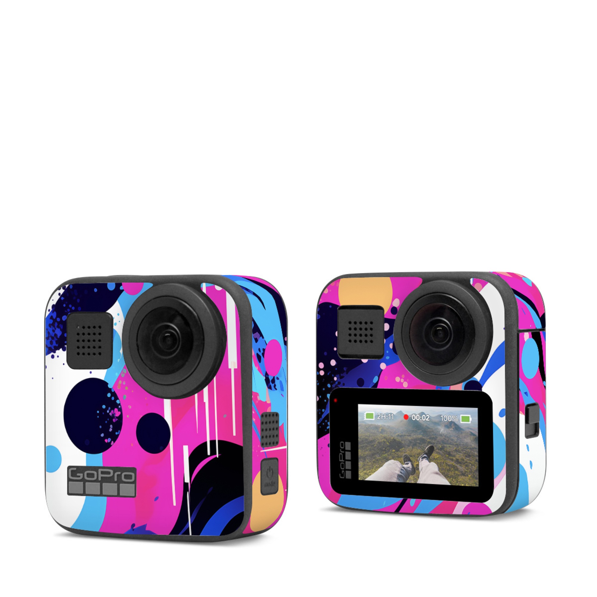 GoPro Max Skin design of Organism, Art, Line, Font, Magenta, Art paint, Paint, Pattern, Electric blue, Tints and shades, with pink, blue, white, black, orange colors