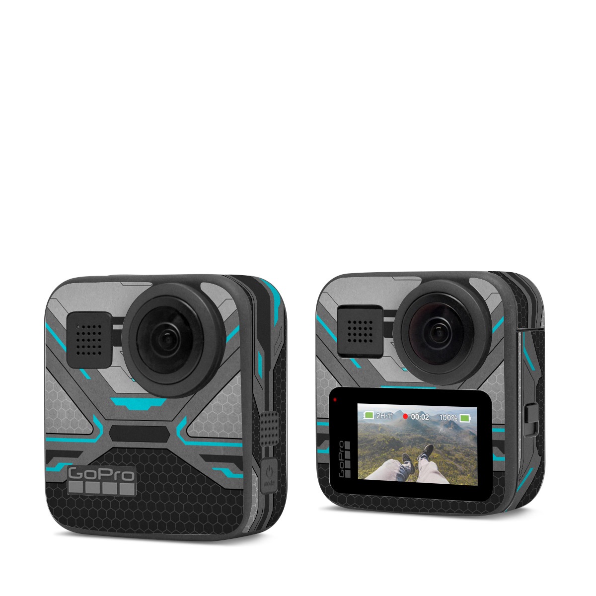GoPro Max Skin design of Blue, Turquoise, Pattern, Teal, Symmetry, Design, Line, Automotive design, Font, with black, gray, blue colors