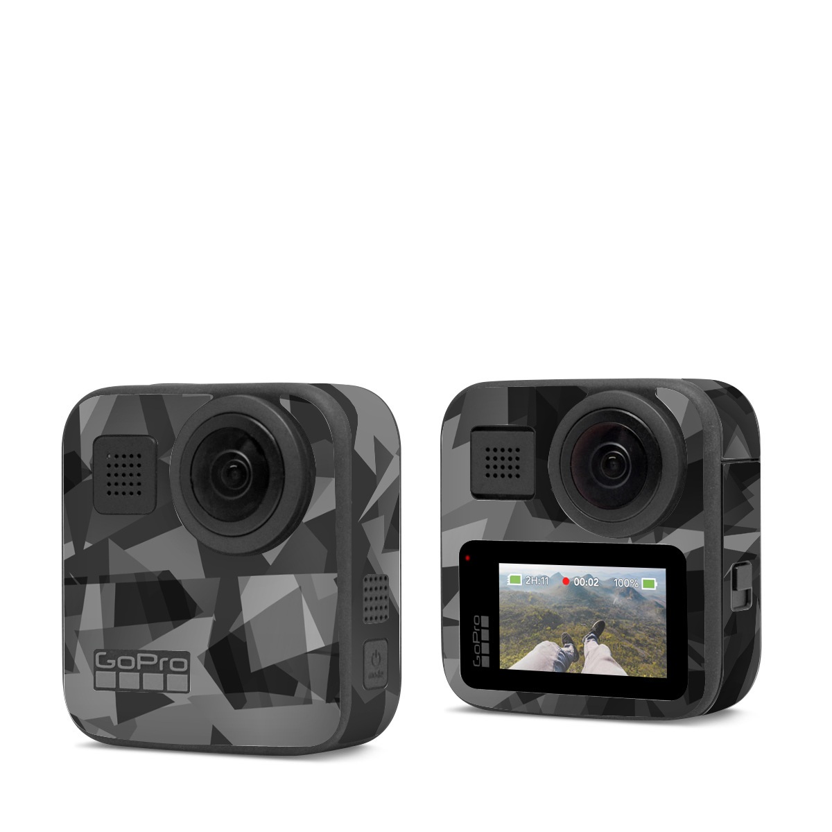GoPro Max Skin design of Black, Pattern, Triangle, Black-and-white, Monochrome, Grey, Design, Line, Architecture, Monochrome photography, with black, gray colors