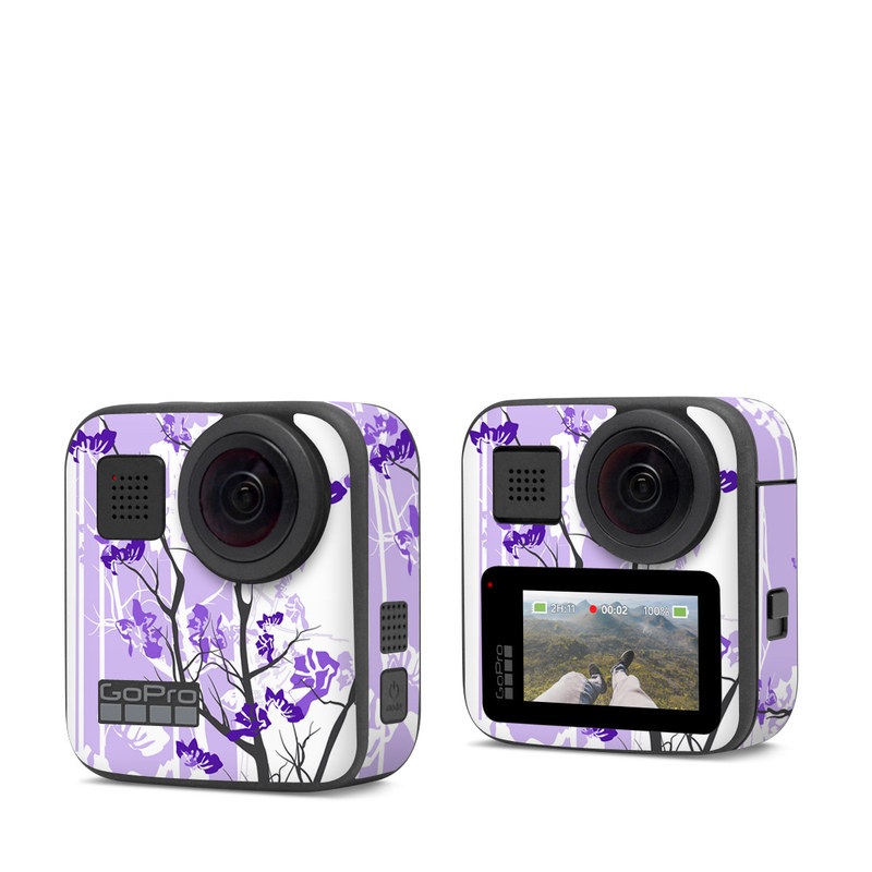 GoPro Max Skin design of Branch, Purple, Violet, Lilac, Lavender, Plant, Twig, Flower, Tree, Wildflower, with white, purple, gray, pink, black colors