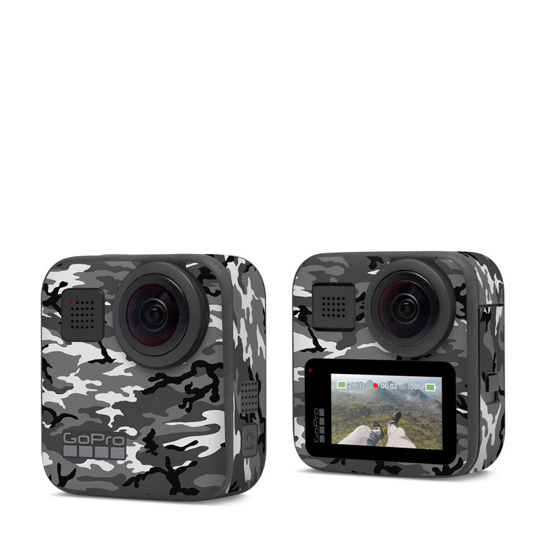 GoPro Max Skin design of Military camouflage, Pattern, Clothing, Camouflage, Uniform, Design, Textile, with black, gray colors
