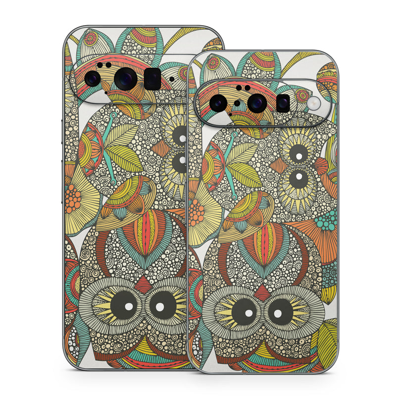 Google Pixel 10 Series Skin design of Owl, Pattern, Visual arts, Art, Design, Textile, Illustration, Motif, Bird, with white, green, orange, yellow, blue, red colors