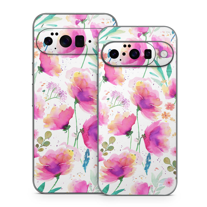 Google Pixel 10 Series Skin design of Pink, Watercolor painting, Art Paint, Creative arts, Paint, Floral design, Geraniums, with white, pink, purple, green, yellow, orange colors