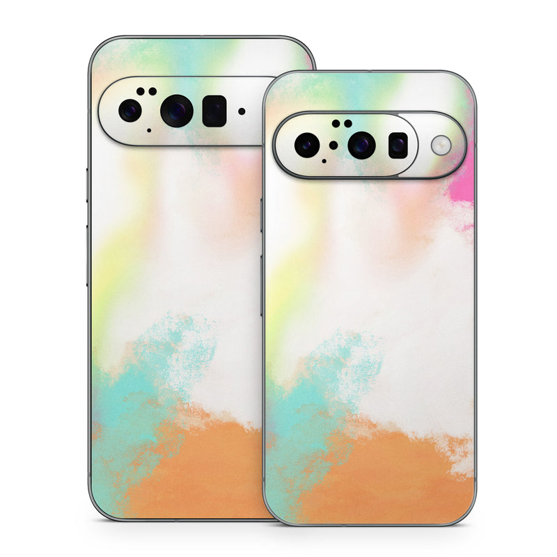 Google Pixel 10 Series Skin design of Sky, Yellow, Orange, Pink, Art, Illustration, Visual Arts, Pattern, Colorfulness, Watercolor Paint, with white, pink, orange, yellow, blue, brown colors