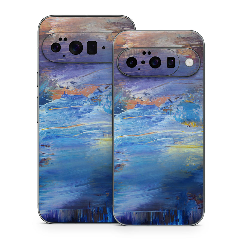Google Pixel 10 Series Skin design of Painting, Blue, Modern art, Acrylic paint, Sky, Watercolor paint, Art, Visual arts, Paint, Electric blue, with blue, purple, yellow, brown, orange, black colors