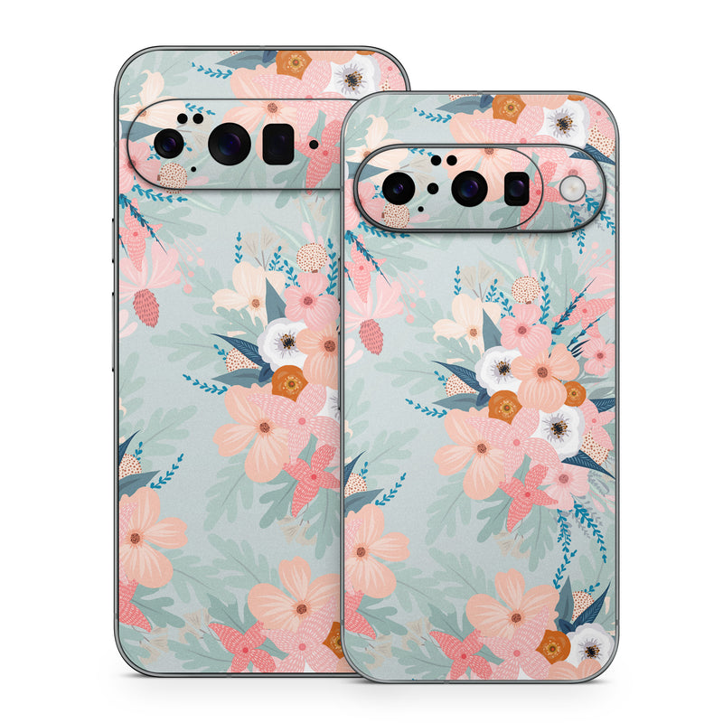 Google Pixel 10 Series Skin design of Pattern, Aqua, Wrapping paper, Textile, Design, Floral design, Wildflower, Plant, Pedicel, Blossom, with pink, red, blue, white colors