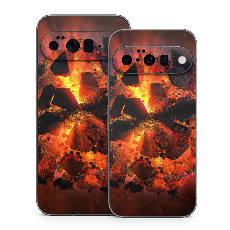Google Pixel 10 Series Skin design of Flame, Heat, Fire, Space, Atmosphere, Charcoal, Explosion, Geological phenomenon, Ash, Graphics, with black, red colors