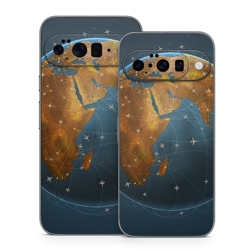 Google Pixel 10 Series Skin design of Planet, Earth, Astronomical object, World, Atmosphere, Globe, Space, Sky, Astronomy, Circle, with blue, yellow, brown colors