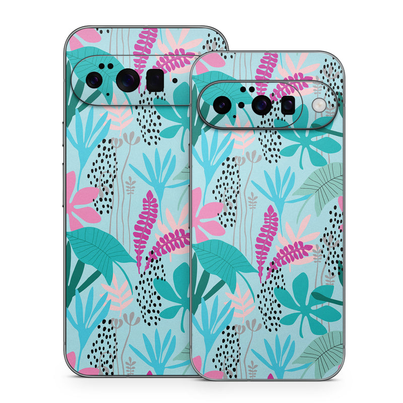 Google Pixel 10 Series Skin design of White, Leaf, Botany, Green, Textile, Branch, Organism, Plant, Font, Pink, with blue, green, pink, purple, black, gray colors