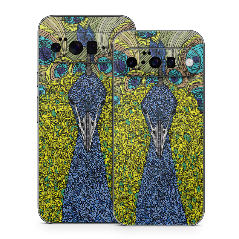 Google Pixel 10 Series Skin design of Peafowl, Bird, Feather, Pattern, Art, Phasianidae, Galliformes, Design, Psychedelic art, Symmetry, with green, blue, yellow colors