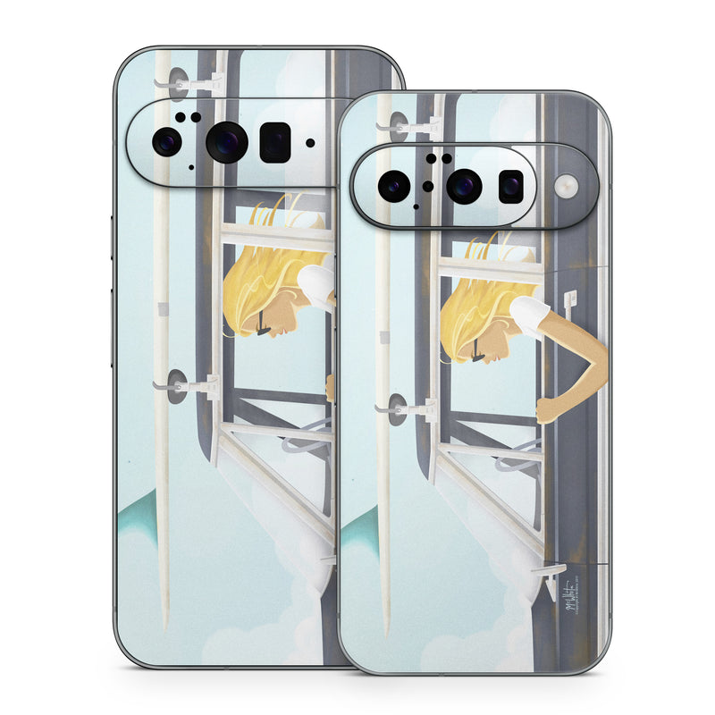 Google Pixel 10 Series Skin design of Vehicle door, Vehicle, Automotive exterior, Automotive design, Car, Headgear, Windshield, Dress, Automotive window part, Family car, with blue, white, gray, yellow colors