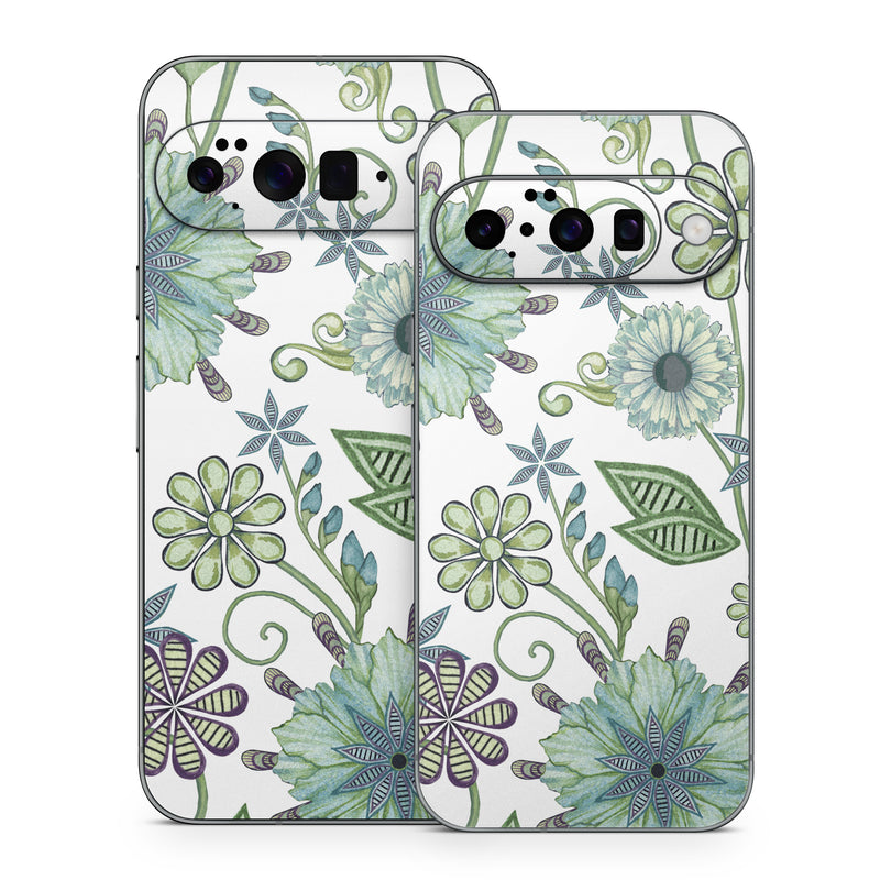 Google Pixel 10 Series Skin design of Green, Pattern, Flower, Botany, Plant, Leaf, Design, Wildflower, with white, green, blue colors