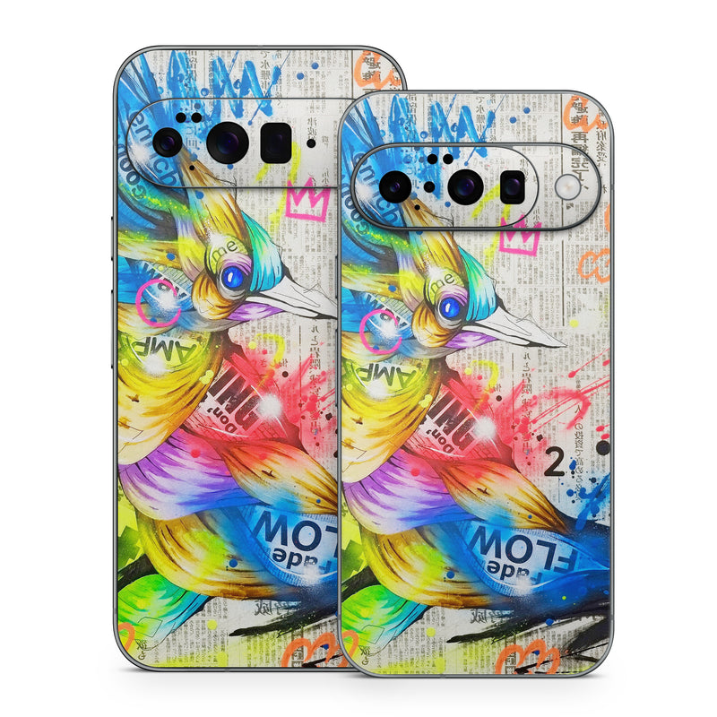 Google Pixel 10 Series Skin design of Graphic design, Font, Art, Graphics, Illustration, with blue, red, orange, pink, white, black, yellow, green colors