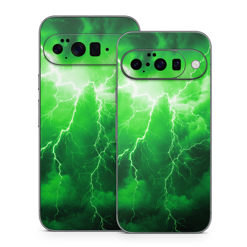 Google Pixel 10 Series Skin design of Water, Atmosphere, Thunder, Light, Green, Sky, Natural environment, Natural landscape, Electricity, Organism, with black, green colors
