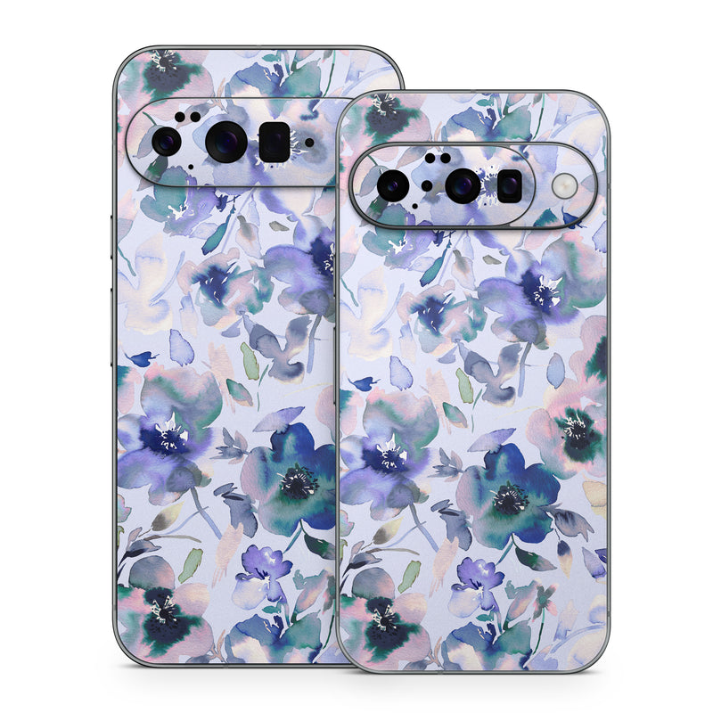 Google Pixel 10 Series Skin design of Blue, Flower, Petal, Pink, Purple, Wildflower, Watercolor painting, Floral design, Lobelias, Borages, with white, purple, black, pink, green colors