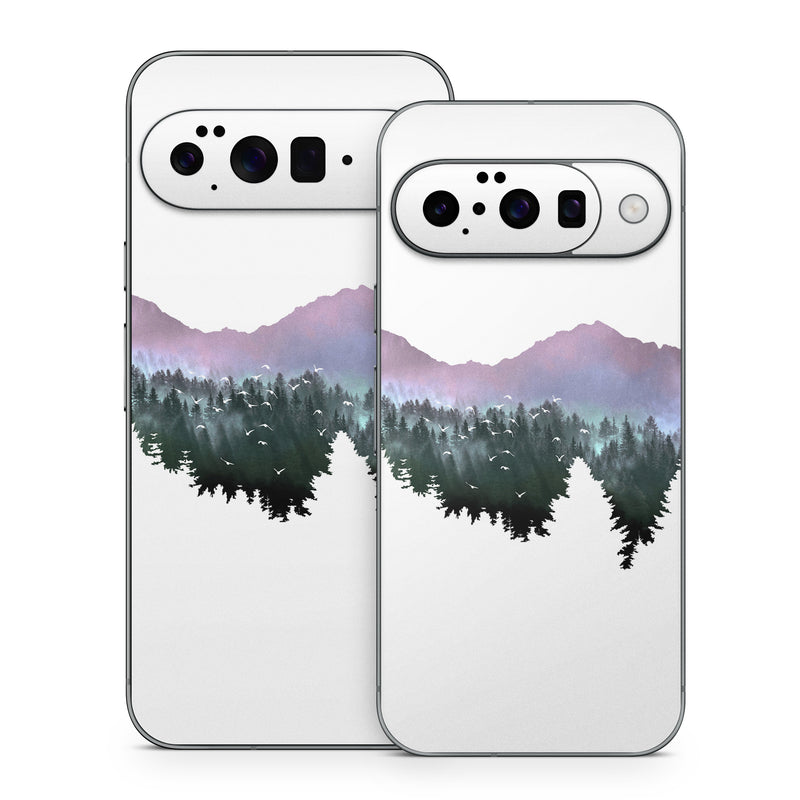 Google Pixel 10 Series Skin design of Nature, Mountainous landforms, Mountain, Atmospheric phenomenon, Tree, Wilderness, Sky, Mountain range, Forest, Hill, with white, black, purple, blue, green colors