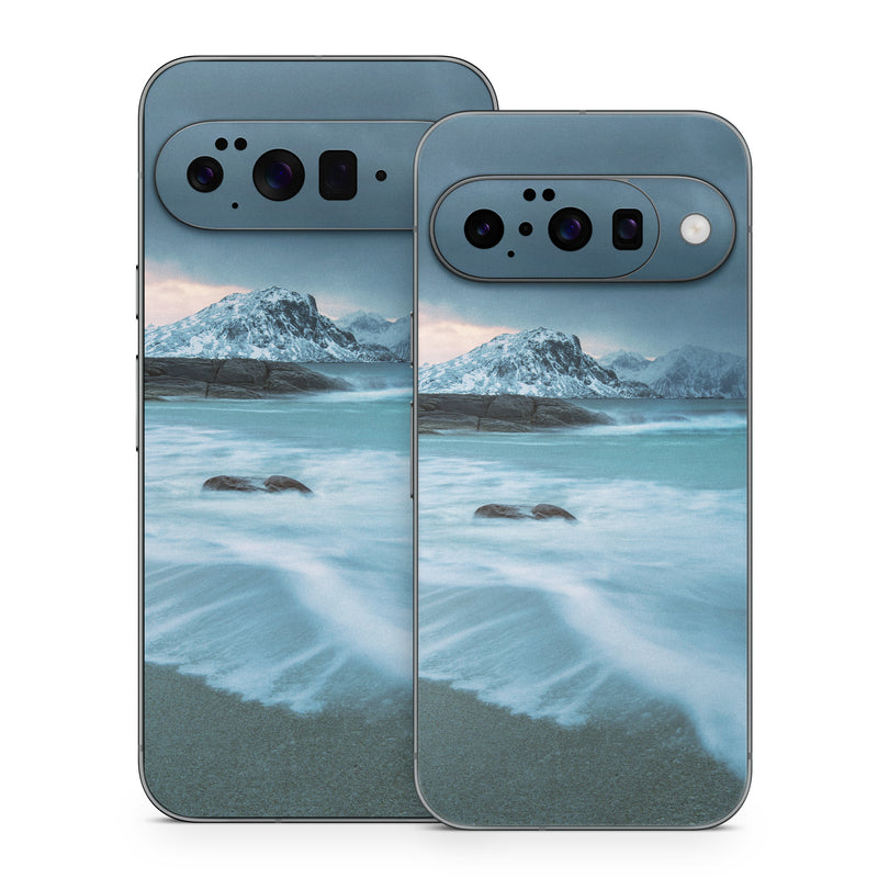 Google Pixel 10 Series Skin design of Body of water, Sky, Nature, Sea, Ocean, Wave, Blue, Water, Coast, Wind wave, with white, blue, black, orange colors