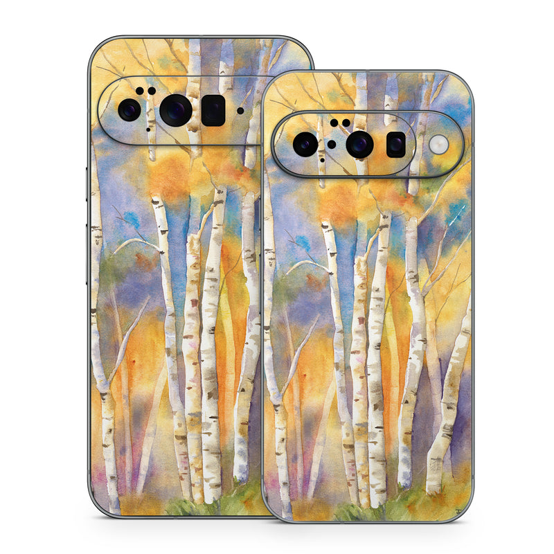 Google Pixel 10 Series Skin design of Canoe birch, Watercolor paint, Tree, Birch, Woody plant, Painting, Plant, Birch family, Paint, Trunk, with orange, yellow, green, white, purple, blue colors
