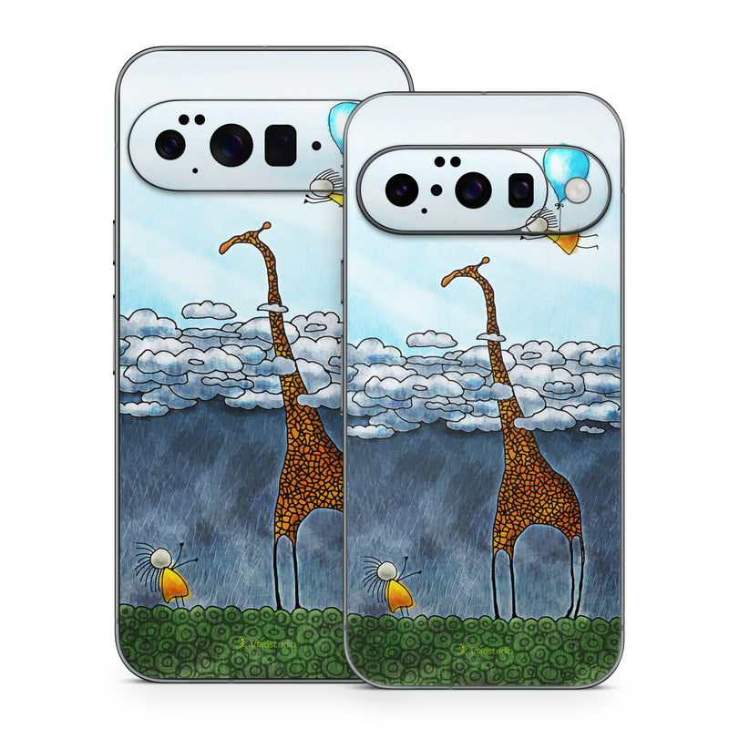 Google Pixel 10 Series Skin design of Giraffe, Sky, Tree, Water, Branch, Giraffidae, Illustration, Cloud, Grassland, Bird, with blue, gray, yellow, green colors