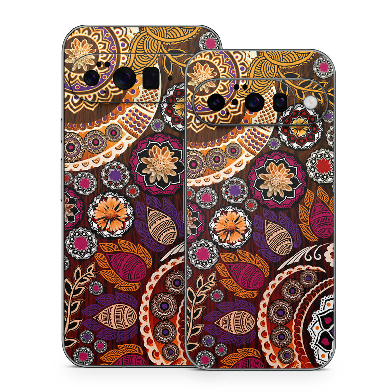 Google Pixel 10 Series Skin design of Pattern, Motif, Visual arts, Design, Art, Floral design, Textile, Paisley, Tapestry, Circle, with brown, purple, red, white, black colors