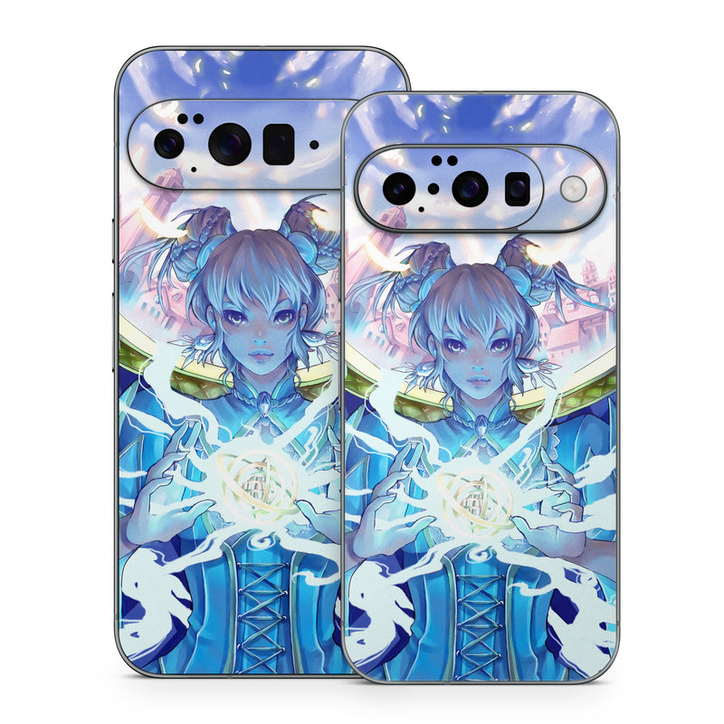 Google Pixel 10 Series Skin design of Cg artwork, Anime, Cartoon, Sky, Long hair, Illustration, Fictional character, Black hair, Art, with blue, purple, pink, white, yellow colors