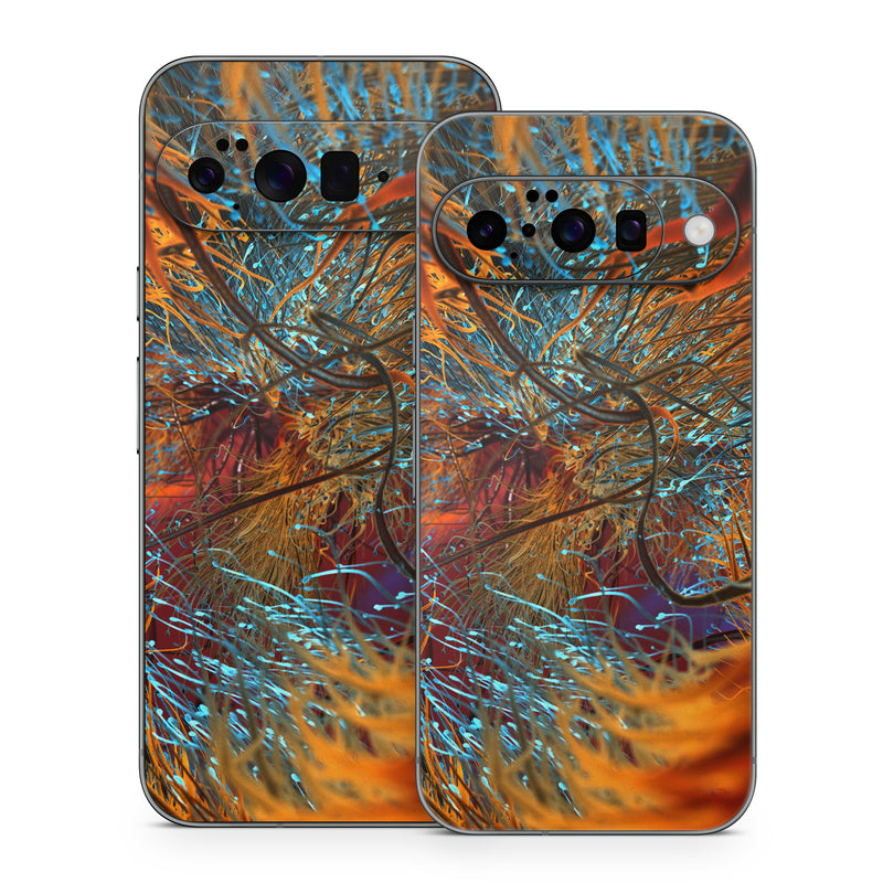 Google Pixel 10 Series Skin design of Orange, Tree, Electric blue, Organism, Fractal art, Plant, Art, Graphics, Space, Psychedelic art, with orange, blue, red, yellow, purple colors